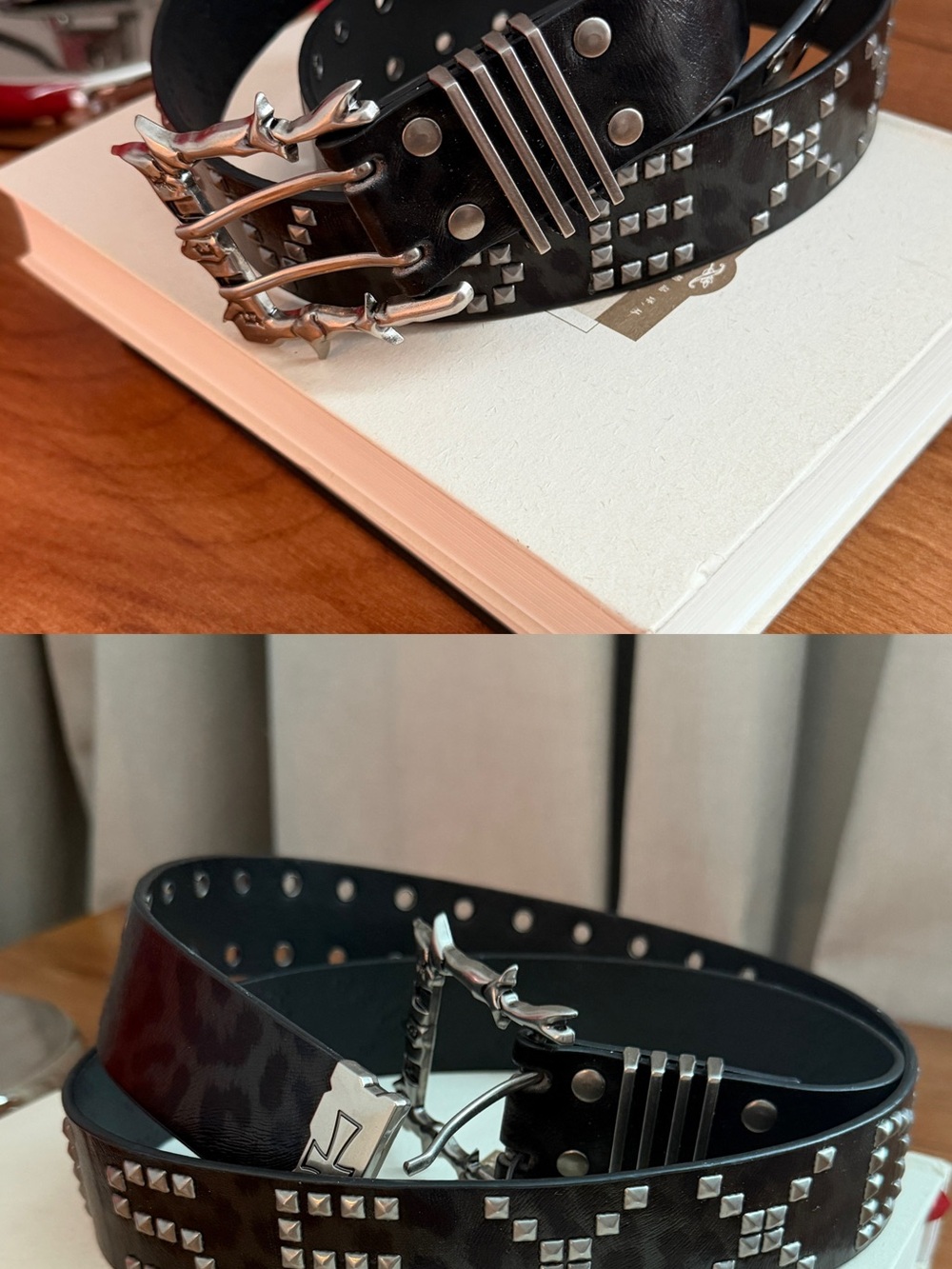 Black Studded Leather Belt with Silver Buckle